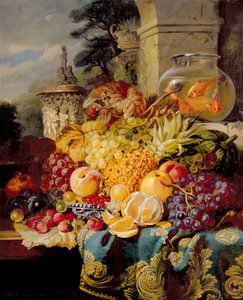 Naturaleza muerta de frutas en un estante con una pecera, 1876
